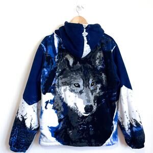 Wild Wear Wolf Fleece Mens Hooded Jacket Size L Blue Zip All Over Print Pockets